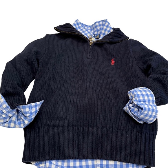 Ralph Lauren Boys 2 PCS Set Navy blue 1/4 Zip Sweater & Blue Check Shirt Sz 4 - Picture 3 of 14